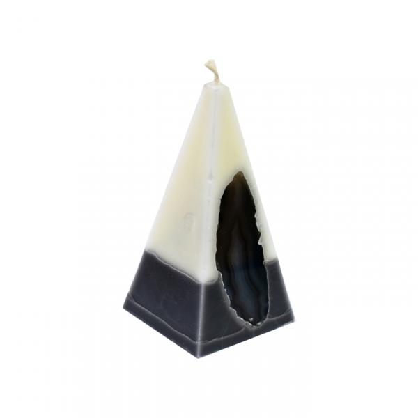 Neu Achat-Kerze weiß/anthrazit, Pyramide, 11,5cm